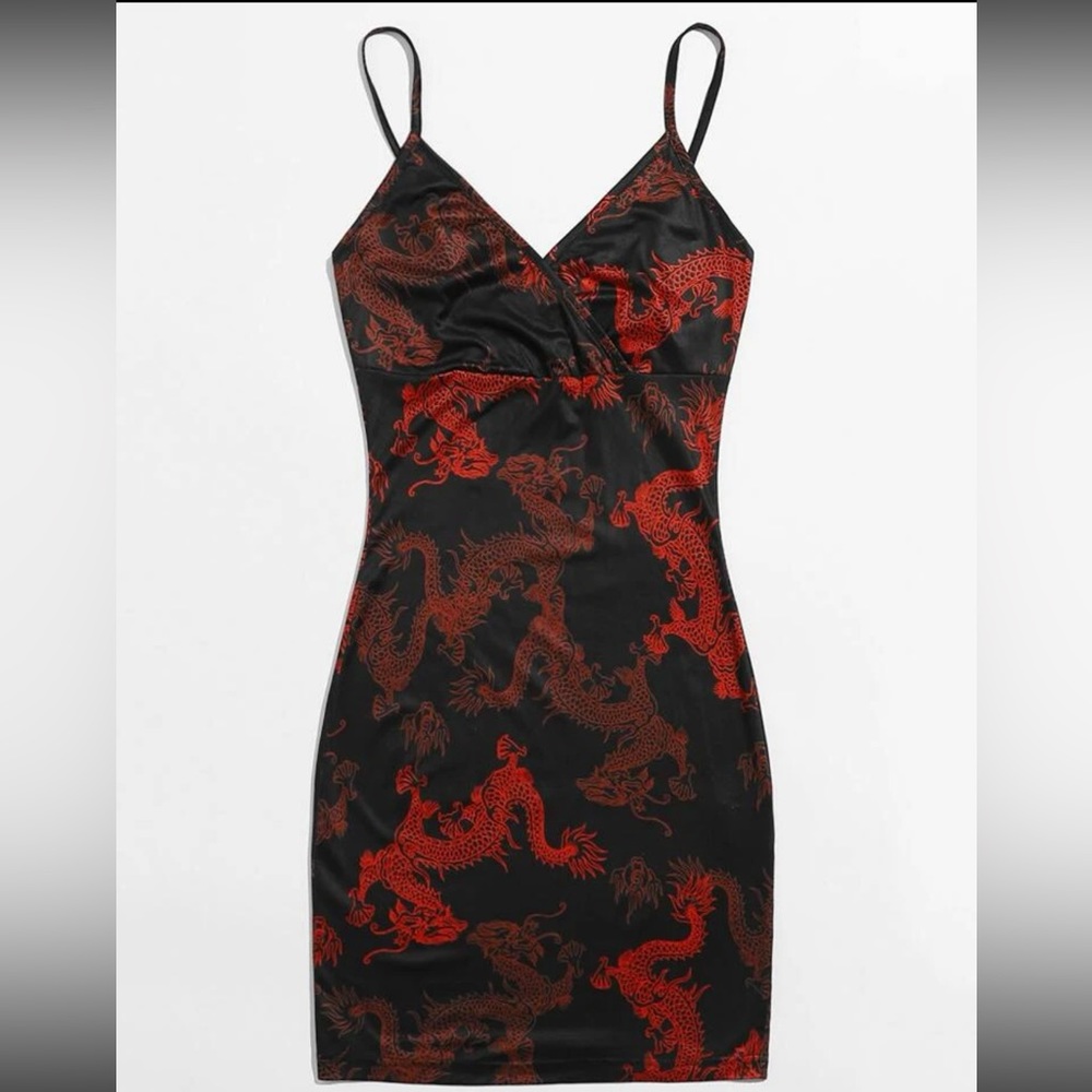 Chinese dragon print dress S-M ( Black /Red )